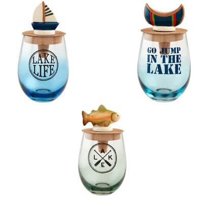 Mud Pie lake ombre stemless wine glass with matching stopper set displayed against a neutral background