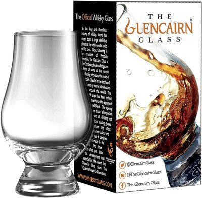 Glencairn whisky glass with tapered mouth design on white background, ideal for single malt tasting