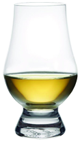 Glencairn whisky glass with tapered mouth design holding amber single malt whisky on a dark surface