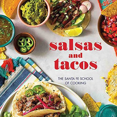 Salsas and Tacos New Mexican Cuisine Cookbook by Gibbs Smith displayed against a neutral background, showing the front cover with recipe title and publisher branding