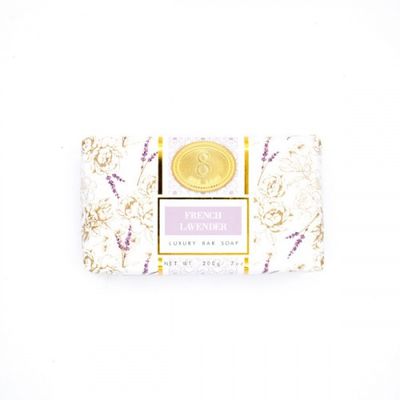8 Oak Lane French Lavender &amp; Cedar bar soap on a neutral background, showing the wrapped product front label
