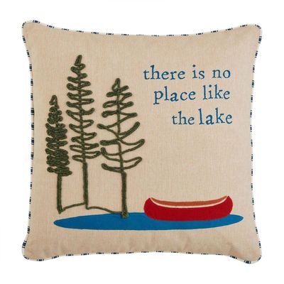 Mud Pie Lake Appliqué Decorative Pillow featuring a blue and white lake-themed appliqué design on a neutral background, studio shot