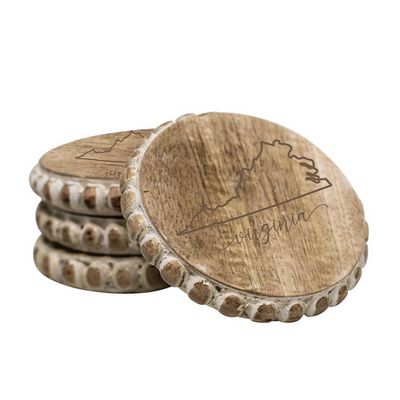 Mary Square beaded edge coasters in Virginia design, shown on white background in studio setting