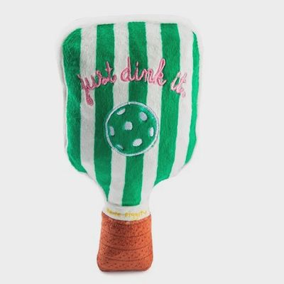 Green and white striped pickleball paddle squeaker toy by Haute Diggity Dog on a neutral background