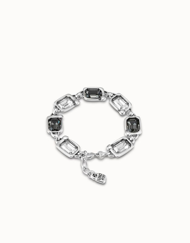 Uno de 50 Unexpected bracelet with nail-design detail in dual-tone finish and crystal accents worn on wrist in lifestyle setting