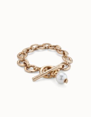 Uno de 50 Yolo Pearl Charm Bracelet with engraved You Only Live Once text, displayed in studio lighting on white background
