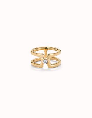 Uno de 50 Ser Indomitable double band ring in 18K gold plating with white topaz stone, displayed on neutral background