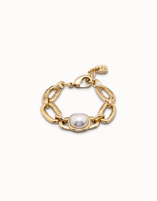 Uno de 50 Ovni bracelet with gold-plated link chain and pearl accents on neutral background