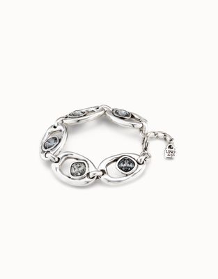 Uno de 50 Together bracelet with oval crystal bead and carabiner clasp on white background