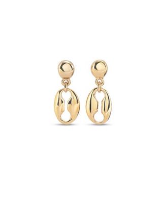 Uno de 50 Merci seashell drop midi earrings with 18KT gold overlay on white background