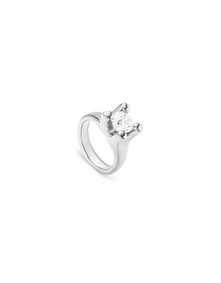 Uno de 50 Anima Spiritual Collection crystal claw ring isolated on white studio background, featuring ornate metalwork and faceted crystal stone detail