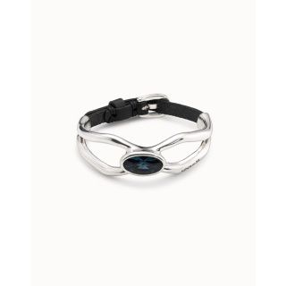 Uno de 50 Lord bracelet in silver-plated metal with blue crystal detail and leather band, displayed against a neutral background