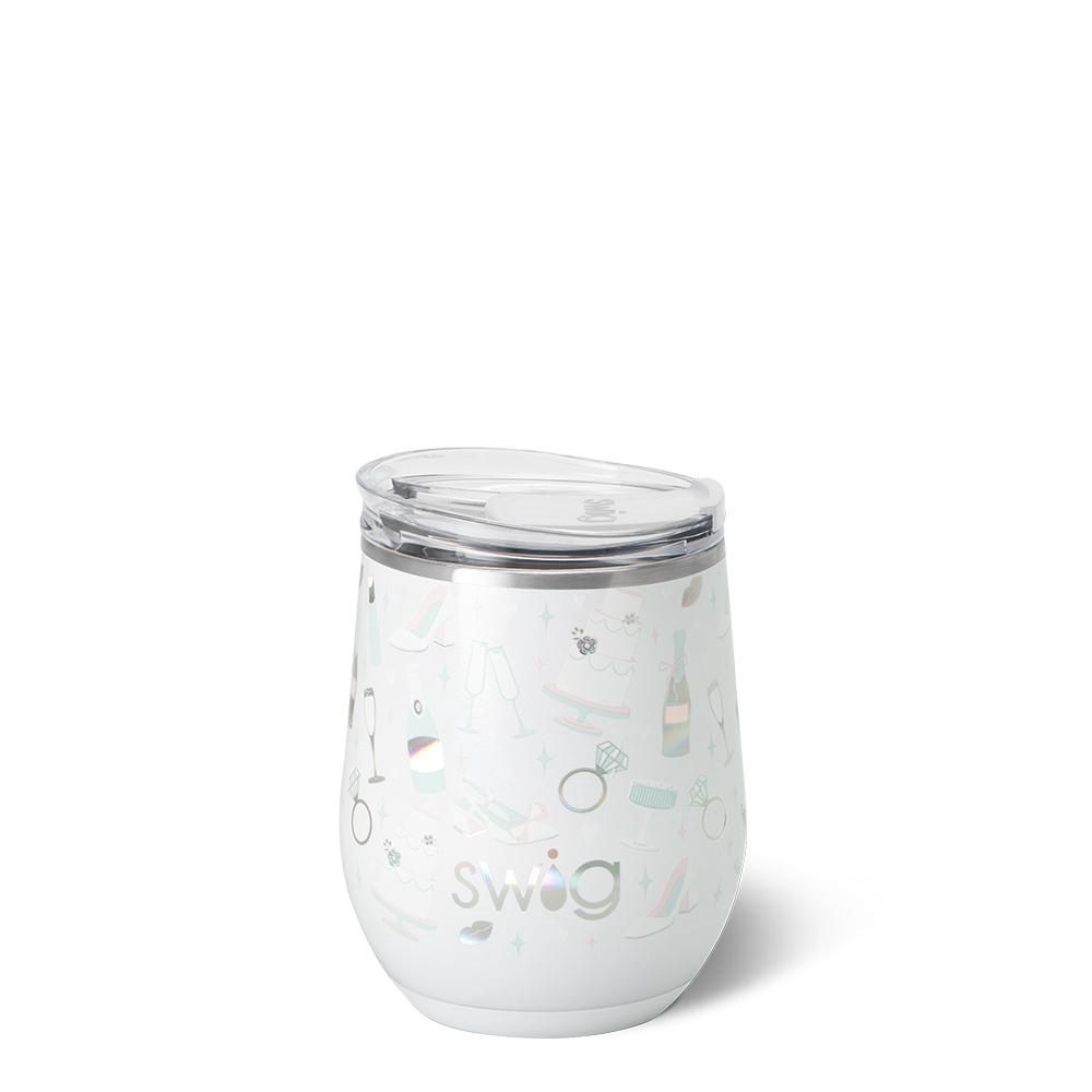 Swig Life Bride to Be stemless wine cup in 12oz size displayed against a neutral background in studio lighting