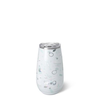 Swig Life Bride to Be stemless flute in clear glass with white text on a white background
