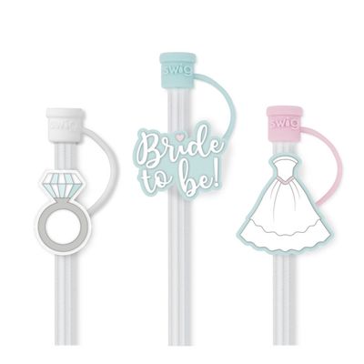 Swig Life Bride to Be straw topper set displayed on white background, featuring multiple colorful toppers for bachelorette party drinkware
