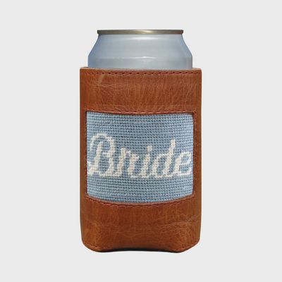Smathers and Branson Bride needlepoint leather can cooler in antique blue, displayed against a neutral background