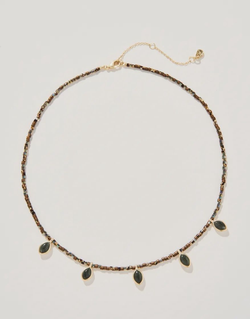 Primrose Bitty Bead Necklace 15&quot; Silver Leaf Jasper