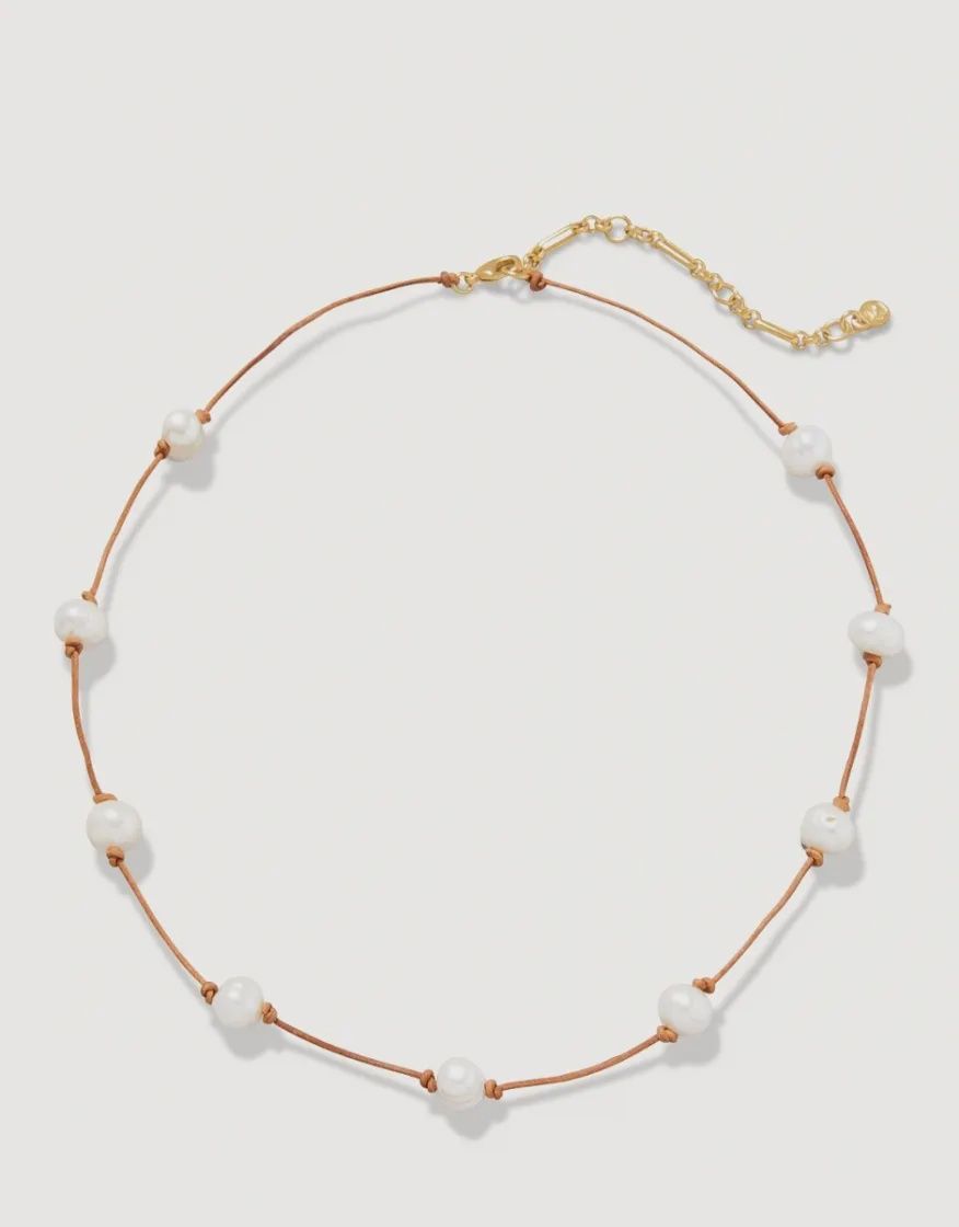Boho Pearl Necklace 16&quot; Pearl/Leather