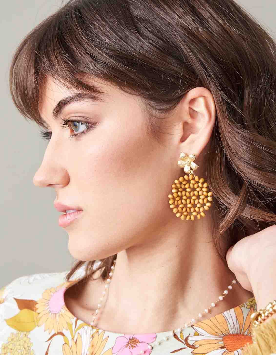 Wood Bead Flower Earrings Natural