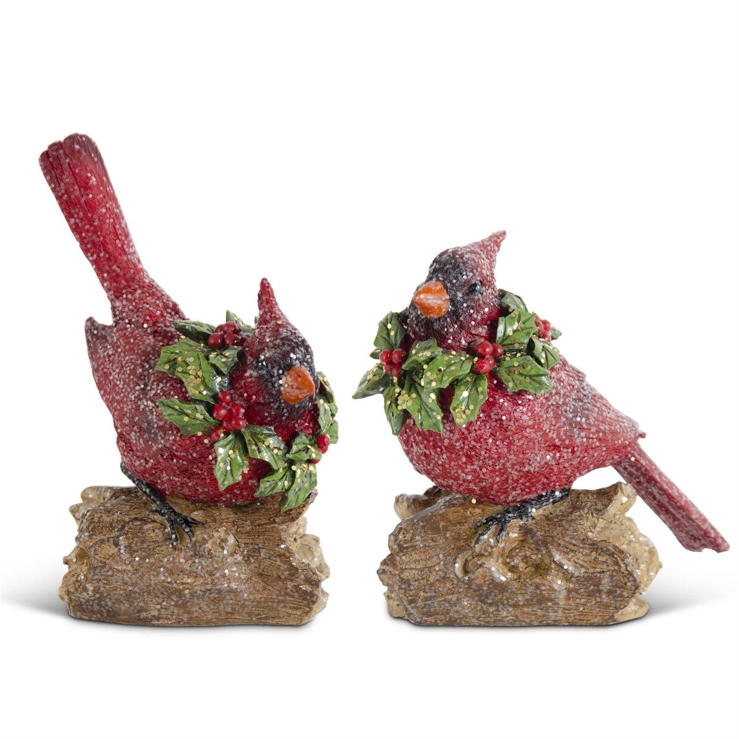 Assorted Glittered Resin Cardinals w/Holly Wreaths Perched on Log