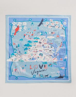 Virginia Illustrated Map Cotton Dish Towel in cream with blue and green map details, displayed flat on white background