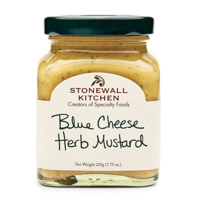 Stonewall Kitchen blue cheese herb mustard in a glass jar with a cream-colored label, centered on a white background