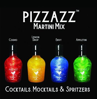 Pizzazz Glitter Infused Martini Mix bottle displayed on white background with visible edible glitter suspension in clear liquid