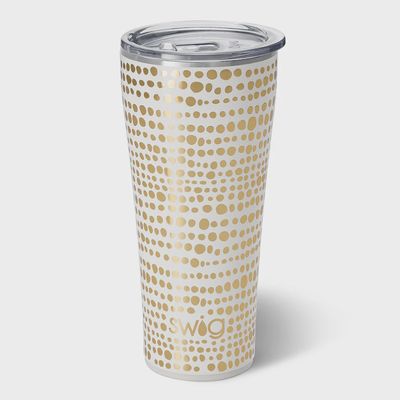 Swig Life Glamazon Gold 32oz insulated tumbler with slider lid, displayed against a white background