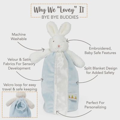Bud Bunny Bye Bye Buddy 11-inch lovey blanket in soft plush fabric displayed in a lifestyle setting