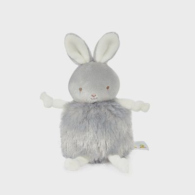 Gray plush bunny with rounded body sitting upright in studio lighting, Bunnies by the Bay Roly Poly Bloom design