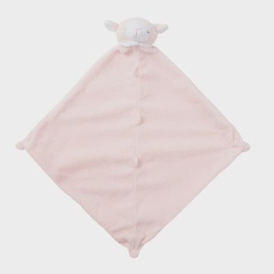 Pink lamb security blankie by Angel Dear, 13 by 13 inches, soft microfiber fabric displayed on white background