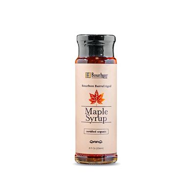Bourbon Barrel Foods organic bourbon barrel aged maple syrup in an 8 fluid ounce glass bottle against a neutral studio background