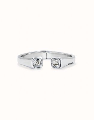 Uno de 50 rigid bracelet in sterling silver plating with white crystal accents, displayed against a neutral background