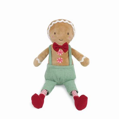 Mon Ami gingerbread boy Christmas plush doll, 12 inches tall, with brown fabric body and stitched smile on white background