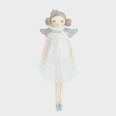 Mon Ami Ariel white fairy doll with silver wings and tulle dress, 15 inches tall, on neutral background