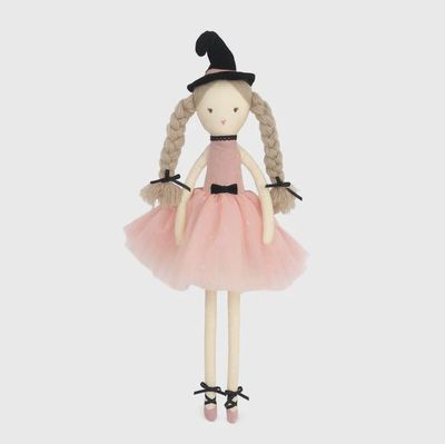 Mon Ami Aggie 22-inch witch plush doll with pink tulle dress and black witch hat on white background