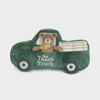 Mon Ami Tooth Fairy Truck Pillow featuring a plush bear doll and tooth pocket, displayed on neutral background
