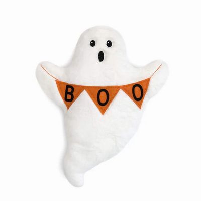 Happy Ghost seasonal plush toy by Mon Ami in soft white fabric with embroidered facial features, shown against a neutral background