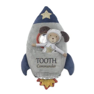 Tooth Commander Spaceship Pillow and Doll Set by Mon Ami displayed against a neutral background, featuring a plush spaceship-shaped pillow with coordinating doll figure