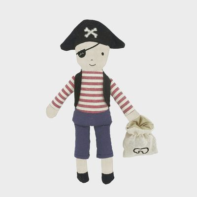Mon Ami pirate tooth fairy stuffed doll, 10 inches tall, with embroidered pouch on neutral background