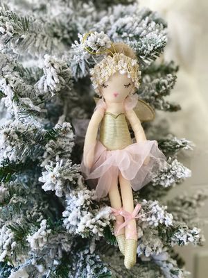 Mon Ami Sugar Plum Fairy plush doll ornament in soft purple fabric with delicate tulle skirt, displayed in a holiday lifestyle setting