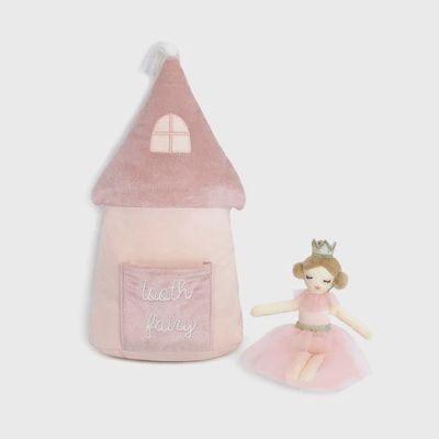 Mon Ami Princess Castle Tooth Fairy Pillow Set, 12 inches, featuring a castle design with a pocket for tooth storage on white background