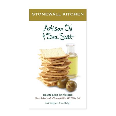 Stonewall Kitchen olive oil and sea salt artisan crackers displayed on a neutral background in studio lighting
