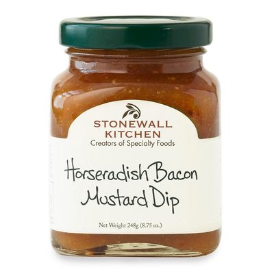 Stonewall Kitchen Horseradish Bacon Mustard Dip jar displayed against a white background in studio lighting