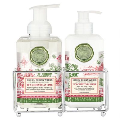 Michel Design Works Christmastime foaming hand soap and lotion caddy set displayed against a plain background
