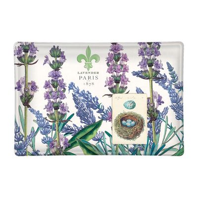 Glass soap dish with lavender and rosemary design in a studio setting against a neutral background