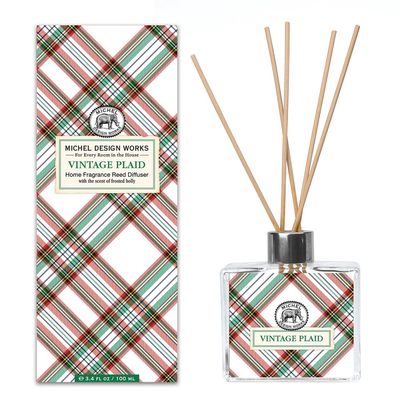 Michel Design Works Vintage Plaid reed diffuser in Frosted Holly with plaid patterned label and frosted glass bottle on white background