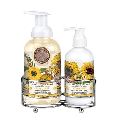 Michel Design Works Sunflower hand care caddy set with foaming soap and lotion bottles in studio setting