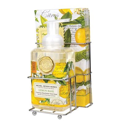 Michel Design Works Lemon Basil foaming hand soap bottle and matching napkin caddy set displayed on white background