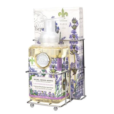Michel Design Works Lavender Rosemary foaming hand soap bottle and napkin caddy set displayed against a neutral background